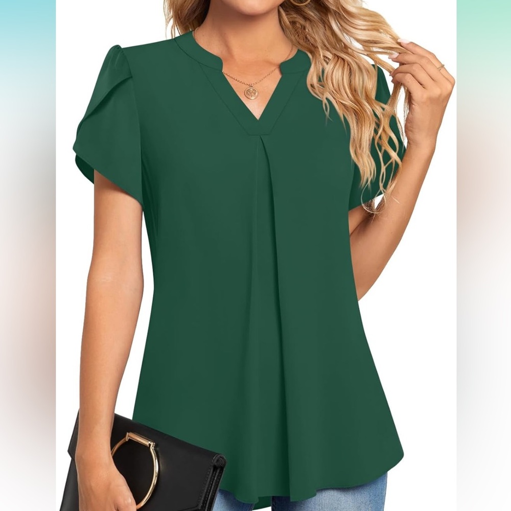 Dressy Chiffon Blouse Notch V Neck Petal Sleeve Loose Casual Top L